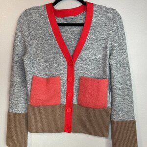 COS XS Gray Colorblock Cardigan Sweater Wool Blend Pockets Long Sleeves Preppy
